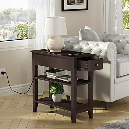 ChooChoo Narrow End Table with Charging Station, Side Table Living Room with USB Ports & Power Outlets and Hidden Drawer, 3-Tier Skinny Nightstand with 2 Open Storage Shelves For Small Place(Espresso) - color: Espresso