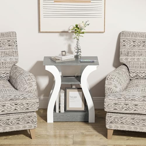 FROMJBEST End Tables Living Room, Grey End Table with Charging Station | Side Table Living Room, with USB Ports and Outlets, Nightstand for Bedroom, 3-Tier Storage Shelf, Bedside Table - color: Grey
