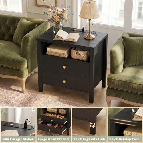 Aheaplus Nightstand with Charging Station, 23.6'' Large Bed Side Table with Wooden 2 Drawers, Night Stand for Bedroom, End Table with Open Storage Shelf for Living Room, Set of 2, Black - color: Black