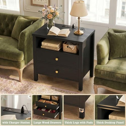 Aheaplus Nightstand with Charging Station, 23.6'' Large Bed Side Table with Wooden 2 Drawers, Night Stand for Bedroom, End Table with Open Storage Shelf for Living Room, Set of 2, Black - color: Black