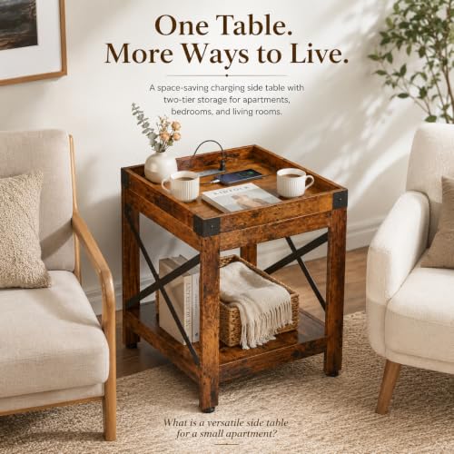 Farmhouse Side Table with Charging Station,2-Tier Square End Table | 2-Tier Shelf Modern Sofa Couch Table Bedside Nightstand With X-Frame for Living Room Bedroom Office Small spaces,Rustic Brown - color: Rustic Brown, style: With Outlets