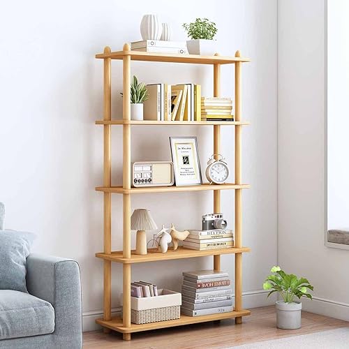 IOTXY 5-Tier Wooden Shelf Bookcase, Freestanding Open Bookshelf, Oak | Beech Wood Frame, 0.63" Shelves, Display Storage for Books, Plants, Decor, Living Room, Bedroom, Home Office - color: Oak, size: 5-Tier
