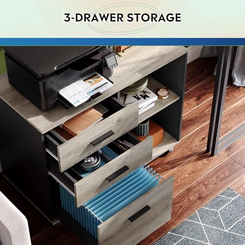 DEVAISE 3 Drawer Mobile File Cabinet, Wood Lateral Filing Cabinet, Printer Stand with Open Shelves for Home Office, Greige - color: Greige, style: Modern
