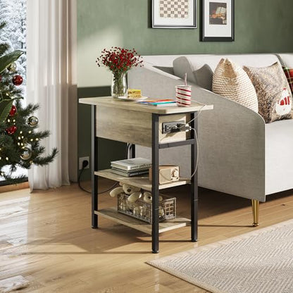 WLIVE 3-Tier End Table with Charging Station, Flip Top Narrow Side Table with Storage Shelf, Small Nightstand with USB Ports and Outlets,Bedside Table for Living Room, Bedroom - color: Greige
