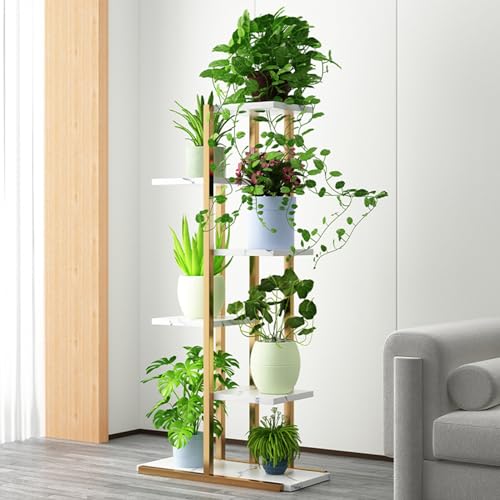 Flower Stand, 6-Tier Metal Plant Shelf, Staggered Structure for Potted Plants, Indoor Garden Organizer, Strong Load-Bearing Capacity, Space-Saving Home Decor Rack, Holds 7 Pots White