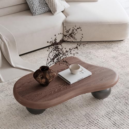 47.2” Walnut Cloud Coffee Table with 3 Ball Legs, Farmhouse Irregular Center Table for Living Room, Low Cute Small MDF Tea Table for Bedroom, Apartment-Walnut Black - color: Cloud-47" Walnut Black