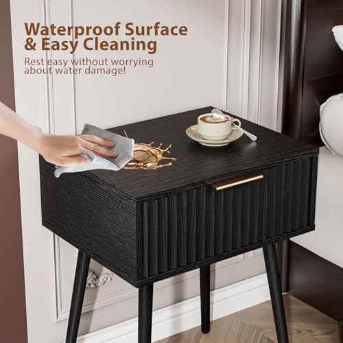 VINGLI Nightstands Set of 2, Fluted Night Stand with Drawer, Bedside Table, Wood Nightstand for Bedroom, Mid Century Modern End Tables, Black, 18.9" W*14.96" D*24" H - color: Black, size: 19"W-1 Drawer