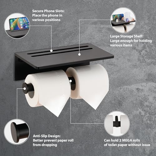 Toilet Paper Holder - Aluminium Double Roll Toilet Tissue Holder with Mobile Phone Shelf for Bathroom, 3M Self Adhesive No Drilling or Wall-Mounted with Screws, Rustproof Modern Style Black - color: Black-2 Roll
