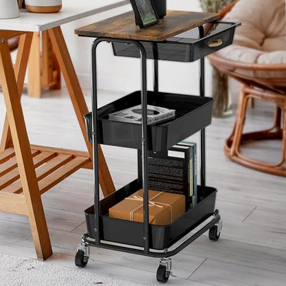 Simple Houseware 3-Tier Rolling Utility Cart with Drawer & Wood Tabletop - Mobile Sofa Side Table, Nightstand, Slim Storage Organizer Trolley for Bedroom, Bathroom, Office & Art Supplies, Rustic Brown - color: Rustic Brown