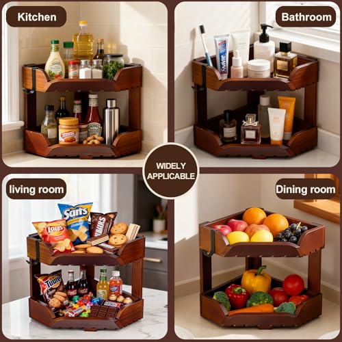 Wissy&Konny 2 Tier Corner Fruit Basket for Kitchen Counter, Acacia Wood Fruit Stand with Banana Hook, Space Saving Storage Rack for Fruits Vegetables Snacks