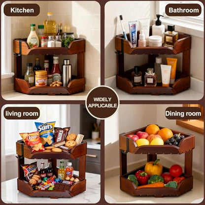 Wissy&Konny 2 Tier Corner Fruit Basket for Kitchen Counter, Acacia Wood Fruit Stand with Banana Hook, Space Saving Storage Rack for Fruits Vegetables Snacks