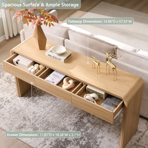 Aitjunz 63'' Console Table with 3 Drawers, Modern Entryway Table with Curved Profile Design, Narrow Long Wood Sofa Table Behind Couch Table for Living Room, Hallway, Foyer, Natural - color: Natural