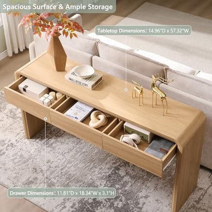 Aitjunz 63'' Console Table with 3 Drawers, Modern Entryway Table with Curved Profile Design, Narrow Long Wood Sofa Table Behind Couch Table for Living Room, Hallway, Foyer, Natural - color: Natural