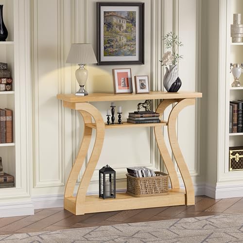 47" Narrow Console Table for Entryway, Wood Sofa Tables with 3-Tier Shelves | Curved Legs Farmhouse Hallway Table, Skinny Console Table Behind Couch, Rustic Wooden Entry Table for Living Room (Natural) - color: Natural