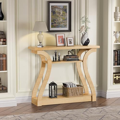 47" Narrow Console Table for Entryway, Wood Sofa Tables with 3-Tier Shelves | Curved Legs Farmhouse Hallway Table, Skinny Console Table Behind Couch, Rustic Wooden Entry Table for Living Room (Natural) - color: Natural