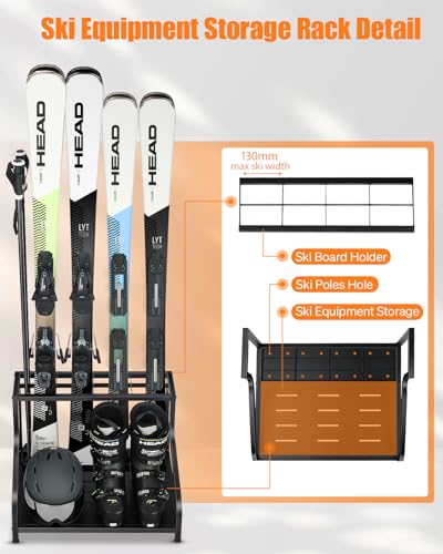 FHXZH Ski Storage Rack for Garage - Freestanding Ski Holders for 4 Pairs of Skis, Ski Boot, Ski Poles, Goggles, Helmet and More, Heavy Duty Steel Floor Stand Ski Organizer for Garage Basement