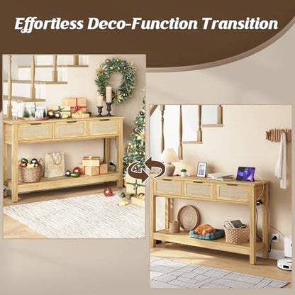 Luoxiao Entryway Table with Outlets & USB-C, 3 Drawers Rattan Console Table | Narrow Entry Table with Open Shelf, Anti-Tip, Easy Assembly, Boho Front Entrance Hallway Foyer Storage, 47 Inch, Natural Wood - color: Wood