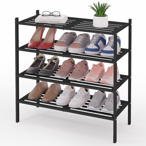 Smiry Bamboo Shoe Rack, 4 Tier Free Standing Wooden Shoe Organizer, Stackable Wood Shoe Storage Shelf for Closet, Entryway, 5 Horizontal Slats, 26.8"x11"x26", Black - color: Black, size: 4 Tier - 26.8" Wide