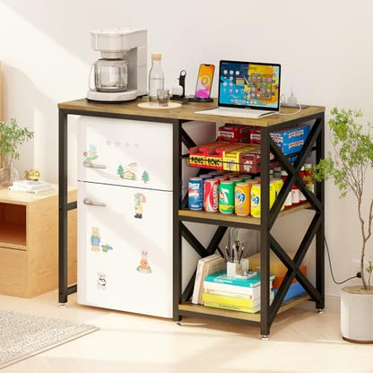 METYERRY Kitchen Bakers Rack with Power Outlet,Mini Fridge Cabinet with Mesh Basket, Mini Fridge and Microwave Table with Storage for Office,Kitchen,Living Room,Coffee Bar,Patio,Brown - color: Brown