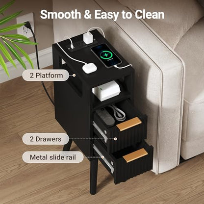Narrow Side Table with Charging Station, Skinny Fluted Nightstand, Black | 7.9" Wide, 24.4" H, 2 Drawers, Solid Wood Feet, Open Shelf, Slim End Table for Small Spaces, Bedroom - color: Black-1 Pcs