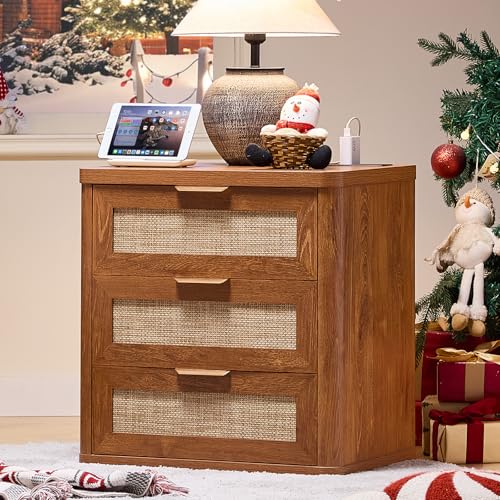 LEYAOYAO Rattan 23" Nightstands with Charger for Bedroom | Gold Metal Handle, Storage Shelf, Brown Night Stand, Boho Bedside Table, Bed Side End Tables Living Room, Hallway - color: Tea Brown, size: 15.5"D x 23"W x 24.2"H (3 Drawers)
