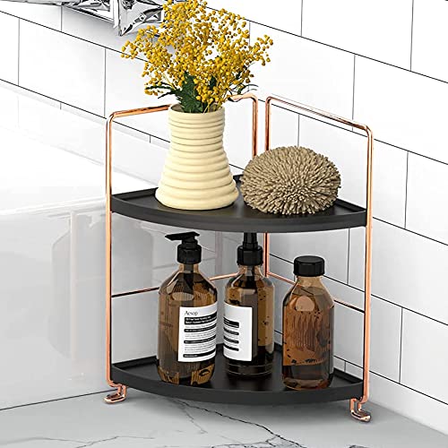 Kitchen Spice Rack Standing Shelf, 2-Tier Corner Storage Shelf, Bathroom Countertop Organizer, Vanity Tray Cosmetic & Makeup Storage,Rose Gold&Black - color: Rose Gold