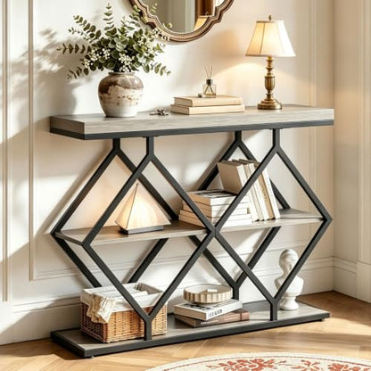 Garvee 3 Tier Console Table,39" Industrial Entryway Table,Open Wood Shelves | Sofa Table,Narrow Wood Accent Tables with Metal Frame for Hallway,Living Room,Behind Couch,Foyer,Entrance,Gray - color: Gray + Diamond-shaped