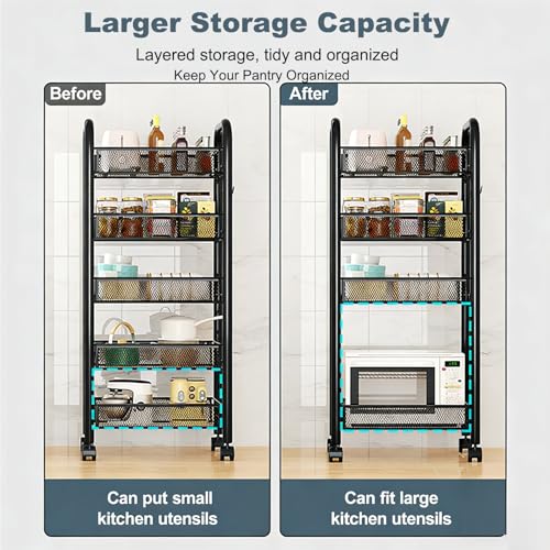 Rolling Pantry Storage Cart with Fruit Basket, 5-Tier Kitchen Storage Rolling Cart on Wheels, Large Utility Cart with Handle & Mesh Baskets for Kitchen, Bathroom, Laundry Room,Black - color: Black 5 Tire