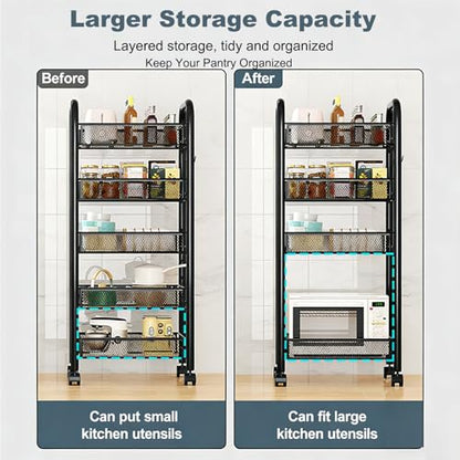 Rolling Pantry Storage Cart with Fruit Basket, 5-Tier Kitchen Storage Rolling Cart on Wheels, Large Utility Cart with Handle & Mesh Baskets for Kitchen, Bathroom, Laundry Room,Black - color: Black 5 Tire