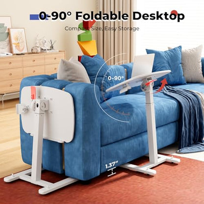 JOY worker Low Height Small Mobile Standing Desk, 90° Foldable Laptop Desk | Height Adjustable TV Tray Table, 21.65" White MDF Tilt Board, Portable Desk with Low Base & Hidden Wheels, Couch Sitting Use - color: White