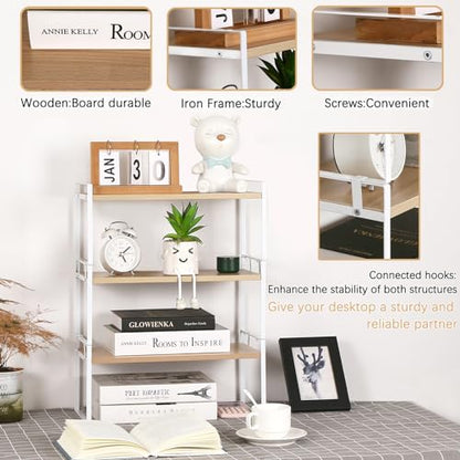 YGYQZ Desk Shelf Organizer for Top of Desk, 3-Tier Desktop Bookshelf, White & Wood - color: 3-tier White/Wood