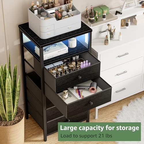 BOLUO Black Dresser with 5 Drawers Tall Nightstand with Charging Station and LED Light, Bedside Table Room Storage Drawers Closet - color: B.black, size: 11.8"D x 15.7"W x 39.8"H (5 drawers)