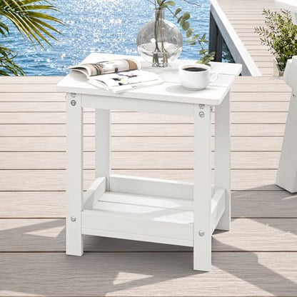 LUE BONA Small Outdoor Side Table, 2-Tier HDPE with Rail, White | Outdoor End Table with Rail for Patio, Deck, Poolside, Weather Resistant HDPE, Low Maintenance, Easy to Clean - color: White