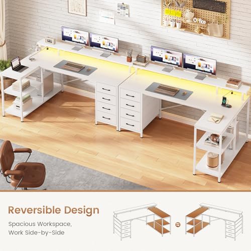 SEDETA L Shaped Gaming Desk with 4 Drawers, Shelves, Power Outlets, White | L Shaped Desk with LED Lights , Computer Desk with Shelves & Drawer, Corner Desk Home Office Desk - color: White