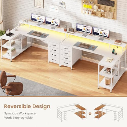 SEDETA L Shaped Gaming Desk with 4 Drawers, Shelves, Power Outlets, White | L Shaped Desk with LED Lights , Computer Desk with Shelves & Drawer, Corner Desk Home Office Desk - color: White
