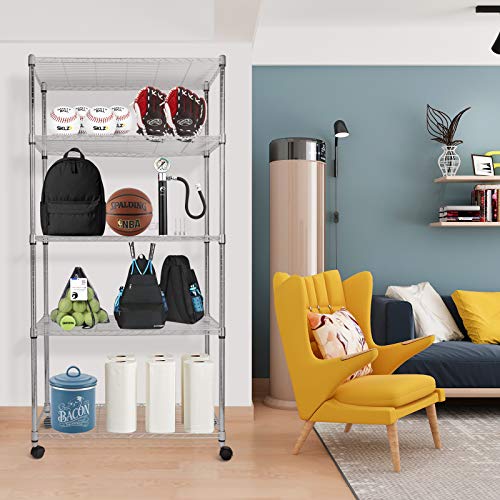 Simple Deluxe Heavy Duty 5-Shelf Storage Shelves, 1750Lb Loading Capacity, 35.43" W x 17.72" D x 70.87" H Adjustable Shelving Unit with Wheels, Chrome - size: 5-Tier, 35.43"W x 17.72"D x 70.87"H