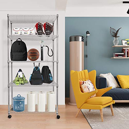 HealSmart Heavy Duty 5-Shelf Storage Shelves, 1750Lb Loading Capacity, 35.43" W x 17.72" D x 70.87" H Adjustable Shelving Unit with Wheels, Chrome - color: Chrome, size: 35" W x 18" D x 75" H 5-Tier