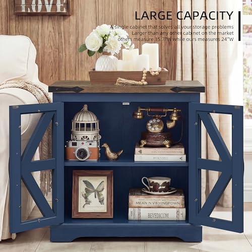 Farmhouse End Table, 24" Large End Tables with Storage, Rustic Square Sofa Beside Table with Glass Barn Door, Wood Side Table Square Nightstand for Living Room, Bedroom, Office (Misty Blue) - color: Misty Blue