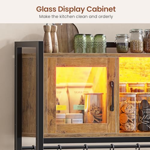 Itaar Bakers Rack with Power Outlet and LED Light, 47.2'' Microwave Stand with Storage, Kitchen Coffee Bar Cabinet with Glass Door, 4 Drawer, Wine Rack, Goblet Holder and 12 Hooks, Rustic Brown - color: Rustic Brown