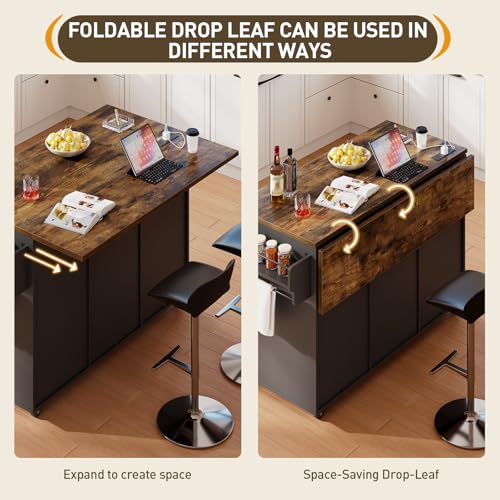 Kitchen Island with Storage, 55" Kitchen Cart with Charging Station, Rolling Kitchen Island Table with Drop-Leaf, 3 Drawers, Barn Doors, Towel Rack and Spice Rack, Black and Rustic Brown - color: Black + Rustic Brown