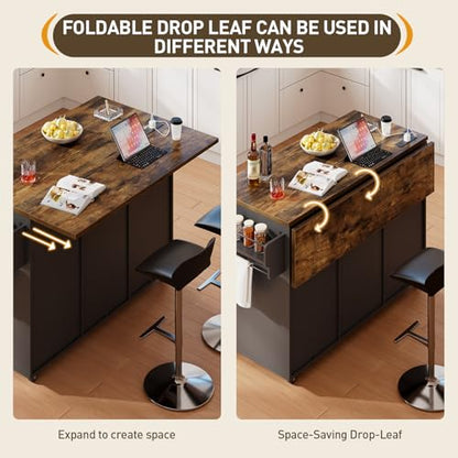 Kitchen Island with Storage, 55" Kitchen Cart with Charging Station, Rolling Kitchen Island Table with Drop-Leaf, 3 Drawers, Barn Doors, Towel Rack and Spice Rack, Black and Rustic Brown - color: Black + Rustic Brown