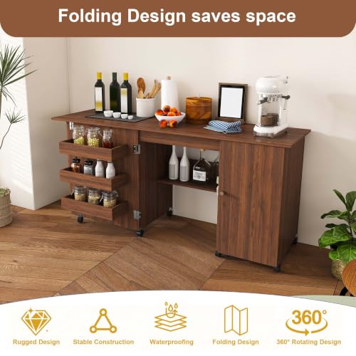 HRVEOCEI 4-in-1 Folding Sewing Table with Storage, Sewing Desk Foldable with Lockable Wheels & Power Socket, Sewings Machine Cabinet & Craft Desk with Shelves, Compact Design (Walnut, 57 Inch) - color: Walnut, size: 57 Inch