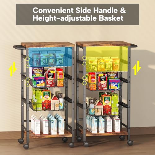 5-Tier Snack Organizer Cart with 3 Height Adjustable Pull-Out Baskets and 2 Storage Shelves, Utility Kitchen Organizer and Storage Cart with Convenient Handle for Fruit Potato Onion Vegetable Snack - style: 5 Tier