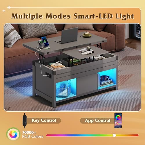 WLIVE 40" Lift Top Coffee Table, 4 in 1 Coffee Tables with Storage, 2 Fabric Drawers, LED Light and USB, Modern Coffee Table with Hidden Compartment for Living Room, Dining Room, Grey - color: Grey