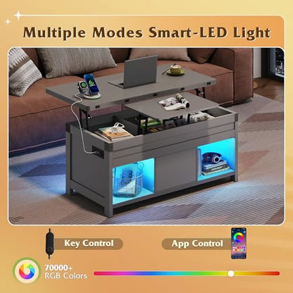 WLIVE 40" Lift Top Coffee Table, 4 in 1 Coffee Tables with Storage, 2 Fabric Drawers, LED Light and USB, Modern Coffee Table with Hidden Compartment for Living Room, Dining Room, Grey - color: Grey