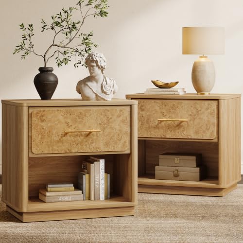 SICOTAS Nightstands Set of 2, 24.8" Wide, Burl Wooden | Deep Drawer, Rounded Corners, Modern, Sturdy Bedside Table, Easy Assembly - color: Medium Brown Burl Wood, size: 2 Pieces
