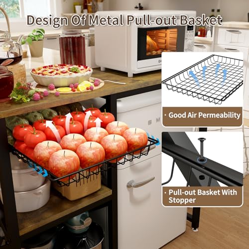 METYERRY Kitchen Bakers Rack with Power Outlet,Mini Fridge Cabinet with Mesh Basket, Mini Fridge and Microwave Table with Storage for Office,Kitchen,Living Room,Coffee Bar,Patio,Brown - color: Brown