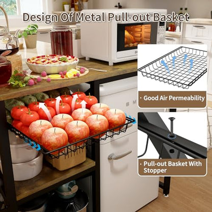 METYERRY Kitchen Bakers Rack with Power Outlet,Mini Fridge Cabinet with Mesh Basket, Mini Fridge and Microwave Table with Storage for Office,Kitchen,Living Room,Coffee Bar,Patio,Brown - color: Brown