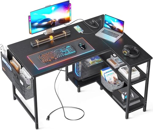 ODK 40 Inch Small L Shaped Gaming Computer Desk with Power Outlets, Reversible Storage Shelves & PC Stand for Home Office, Simple Writing Study Table with Storage Bag for Small Space, Black - size: 40 inch