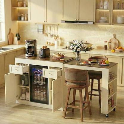 ARTETHYS 48”- 80” Extendable Kitchen Island with Fridge Storage for Kitchen | White Expanded Kitchen Counter with Compartment & Drawers, Sideboard Buffet Table with Cabinet and Side Rack - color: White